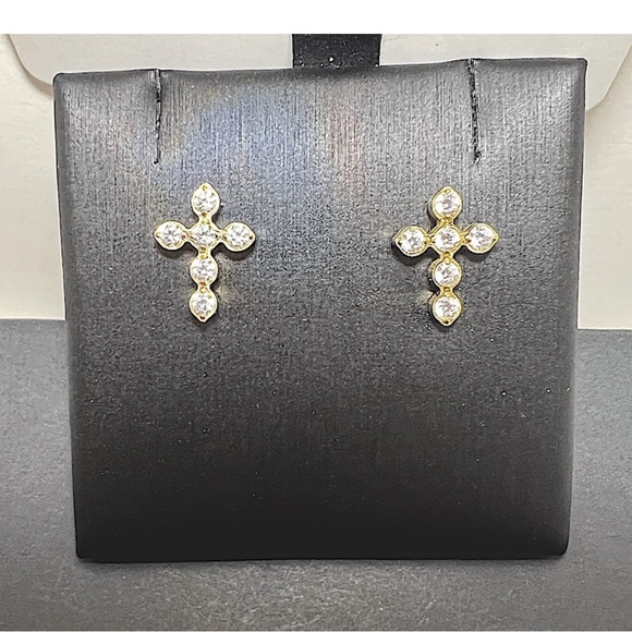 Jewelry - 18k Gold Cross CZ Earring Studs